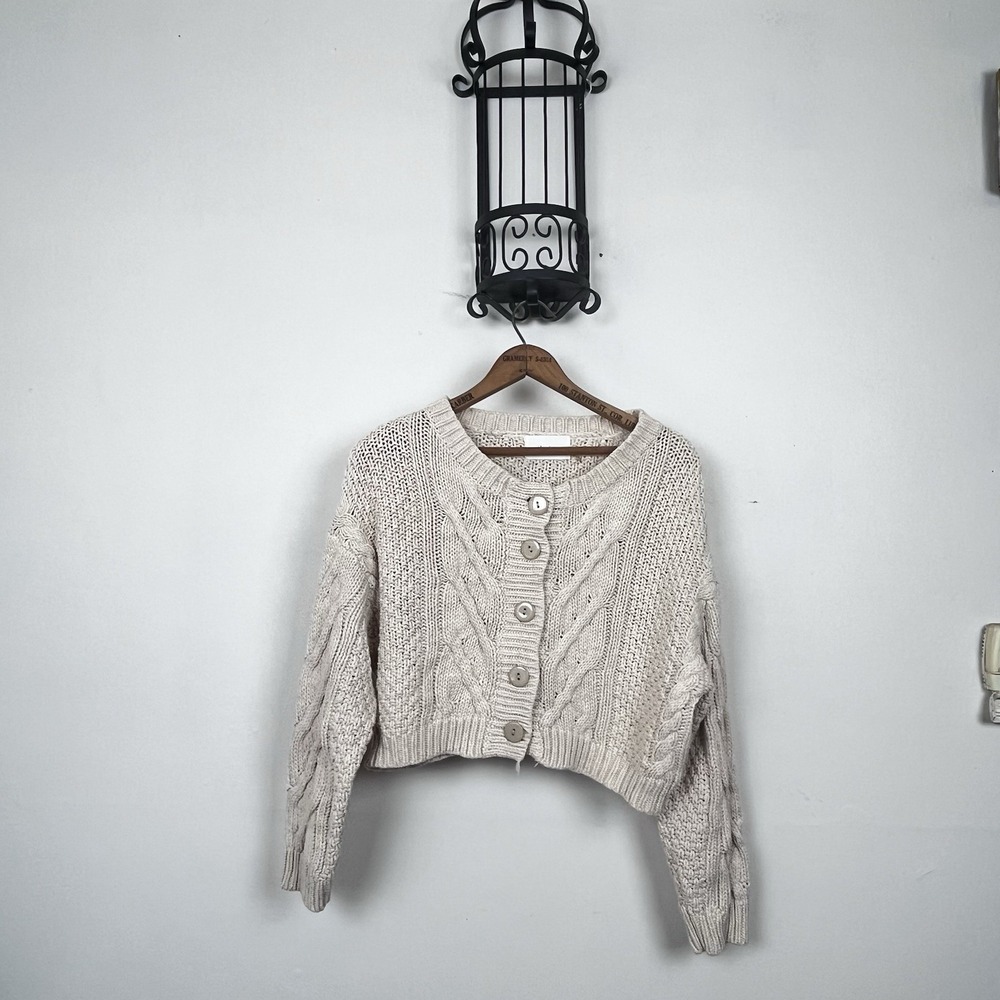 Idem Ditto Cable Knit Cropped Cardigan S/M Cream Cottagecore Boho‎ Minimalist